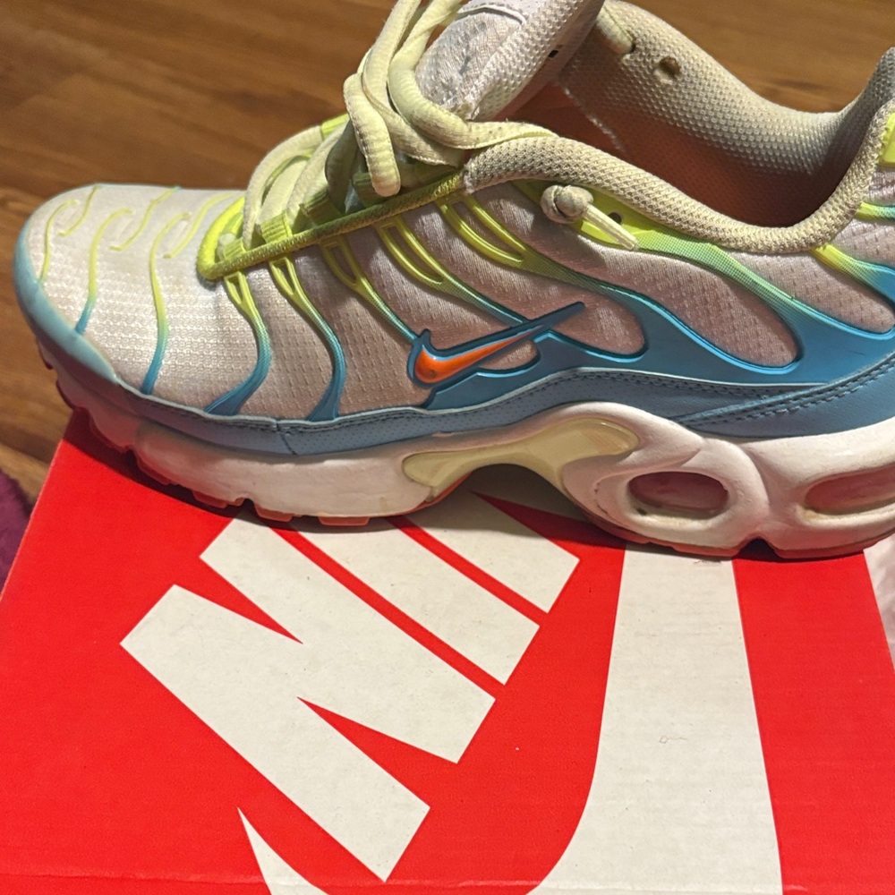 Nike Kids White Sneakers with Blue & Neon Yellow Accents